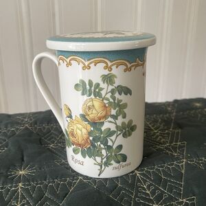 Vintage Kent Pottery Ceramic "Rosa Sulfurea" White Coffee Tea Cup Mug With Lid